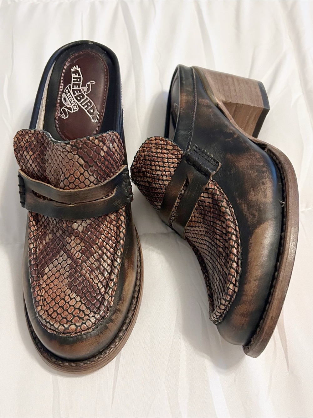 Freebird By Steven Collin’s Brown Mules 8 Leather Snake Embossed Boho Western - Picture 2 of 9